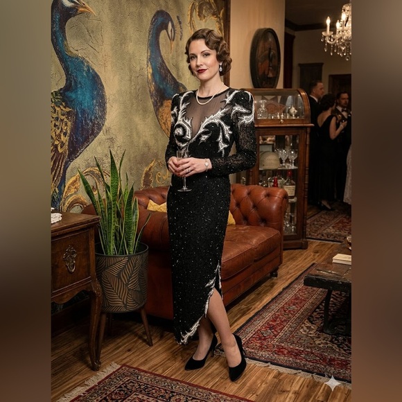 A.J. Bari Dresses & Skirts - A.J. Bari Vintage 100% Silk Beaded Sequin Gown 80s 90s Asymmetric M